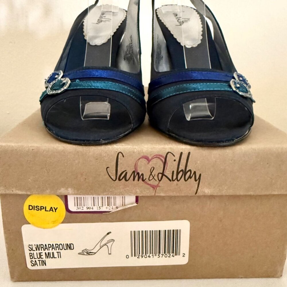 Sam and Libby Heels Size 7 Blue Multi Satin Slingback Open Toe Pumps Y2K - Picture 5 of 9